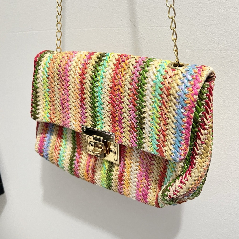 Straw Handbag Purse Colorful Boho‎ Beach Gold Chain Strap Pink Rainbow Fun